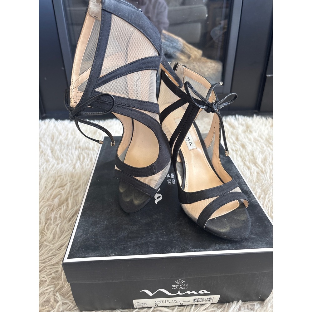 Nina Cherie-YM Black Peau Champagne Mesh Strappy Heel Sandals Womens 6 M